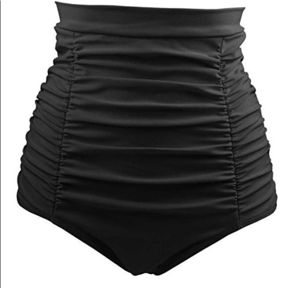 Hi Waist Black Swim Ruched Retro 50s Bottom , sz14